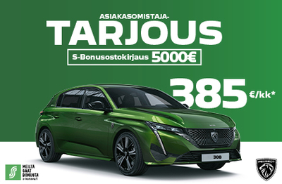 Asiakasomistajatarjous! Uuteen Peugeot 308 ostajalle 5000€:n S-bonusostokirjaus!